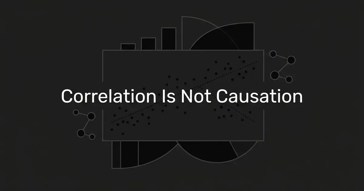 Abstract monochrome illustration of scattered data points along a forking dotted trend line with chart fragments and node clusters, titled Correlation Is Not Causation.