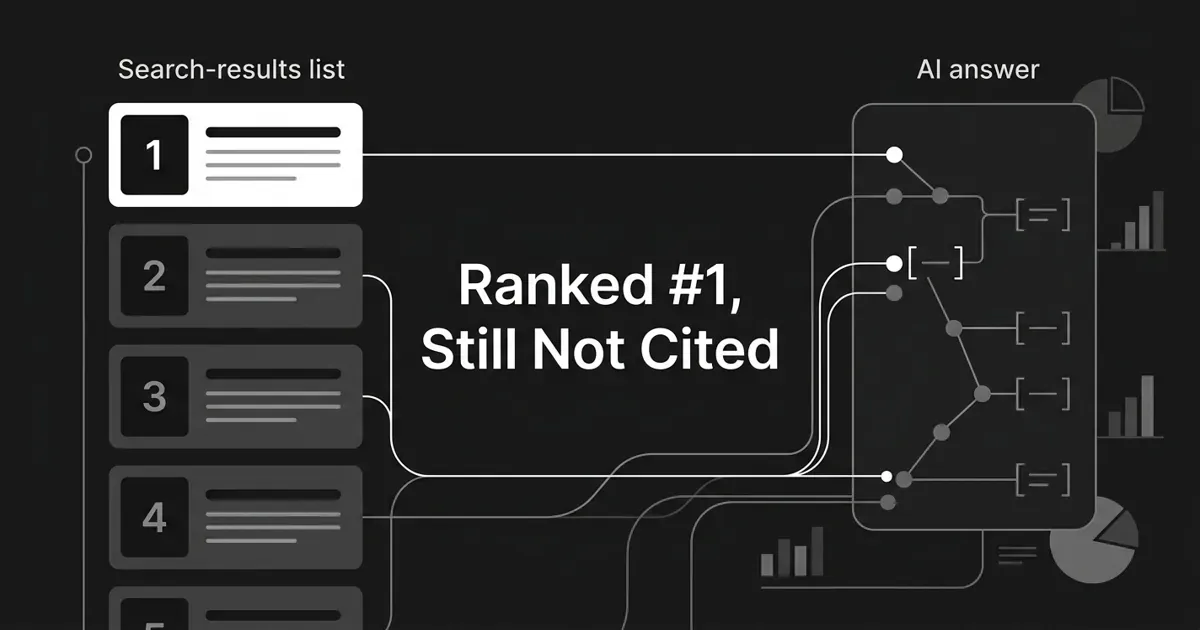 Monochrome flat-vector cover: a numbered search-results list with the top #1 card highlighted but unconnected, while thin lines flow from lower and off-list cards into a separate AI answer panel, under the centered white cover line Ranked #1, Still Not Cited.