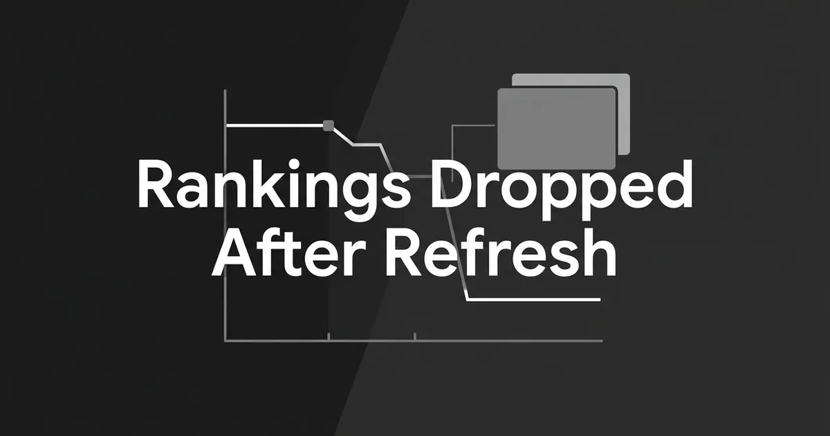 Charcoal cover with the line Rankings Dropped After Refresh over a line chart that steps downward and two stacked gray cards suggesting an old and a new page version.