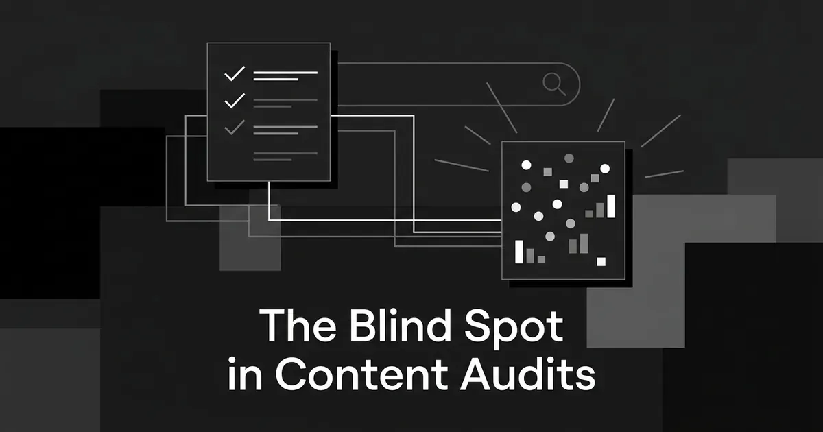 A monochrome illustration showing a checklist card connected by lines to a card of scattered nodes and chart fragments, with the cover line The Blind Spot in Content Audits, on a charcoal background.
