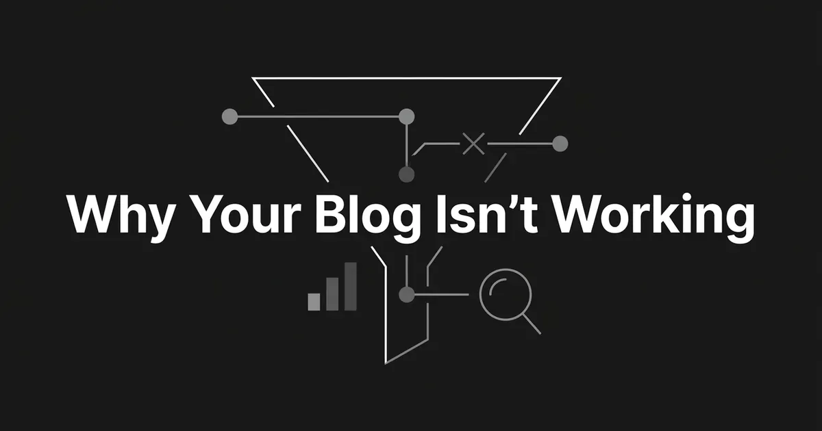 Monochrome cover showing a funnel with a broken connection line, a small bar chart and a magnifying glass behind the words Why Your Blog Isn't Working.