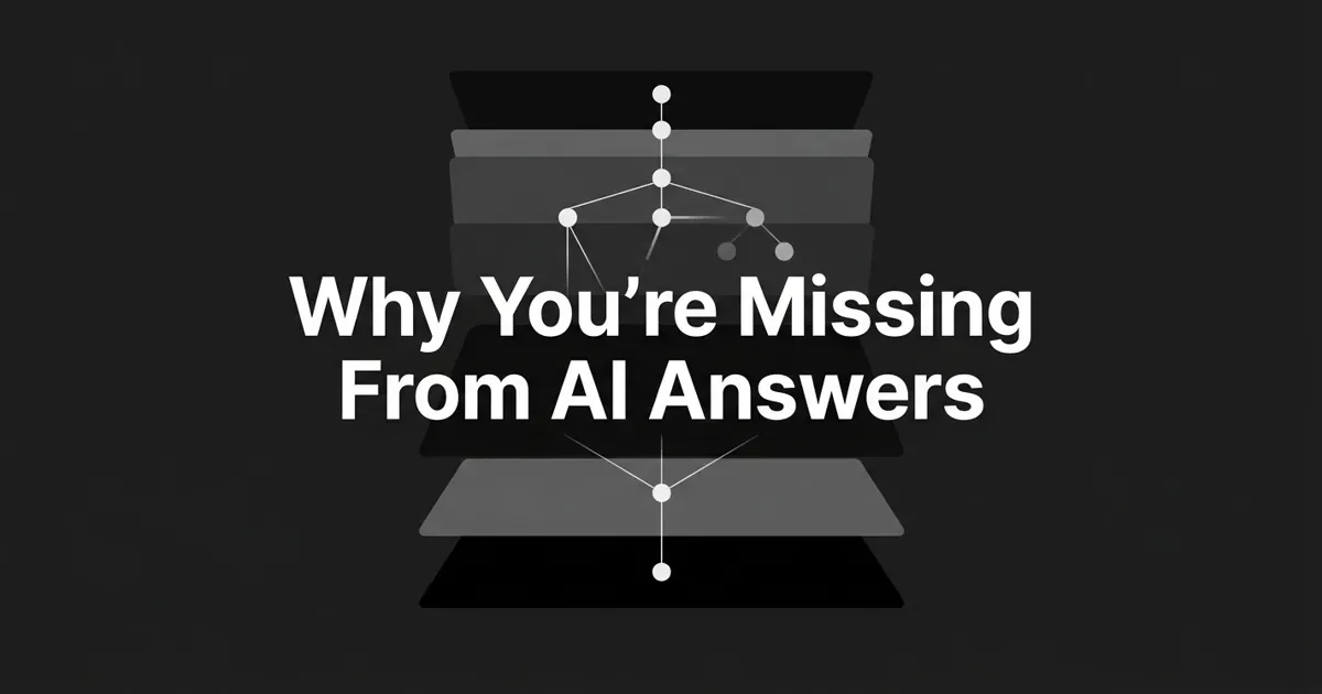 A monochrome abstract-geometric cover showing a vertical stack of five connected layer cards with search-and-answer nodes and one greyed-out missing node, under the centered white cover line "Why You're Missing From AI Answers".
