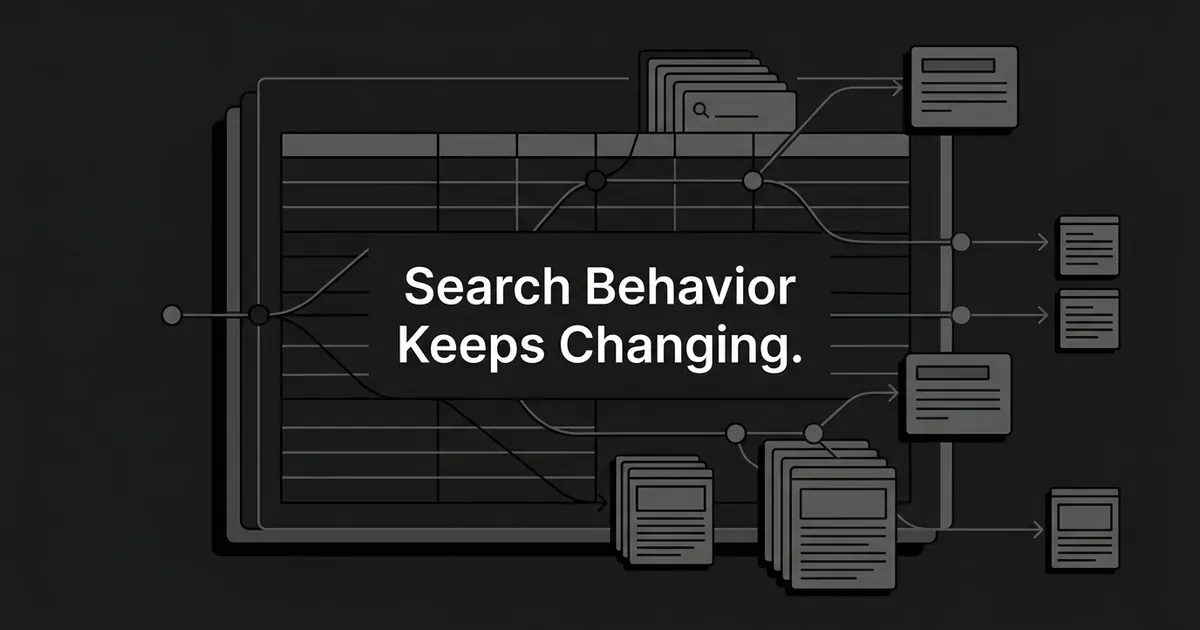 A monochrome illustration of a rigid budget ledger grid with branching search-query lines diverging outward into separate result cards, next to the text Search Behavior Keeps Changing.
