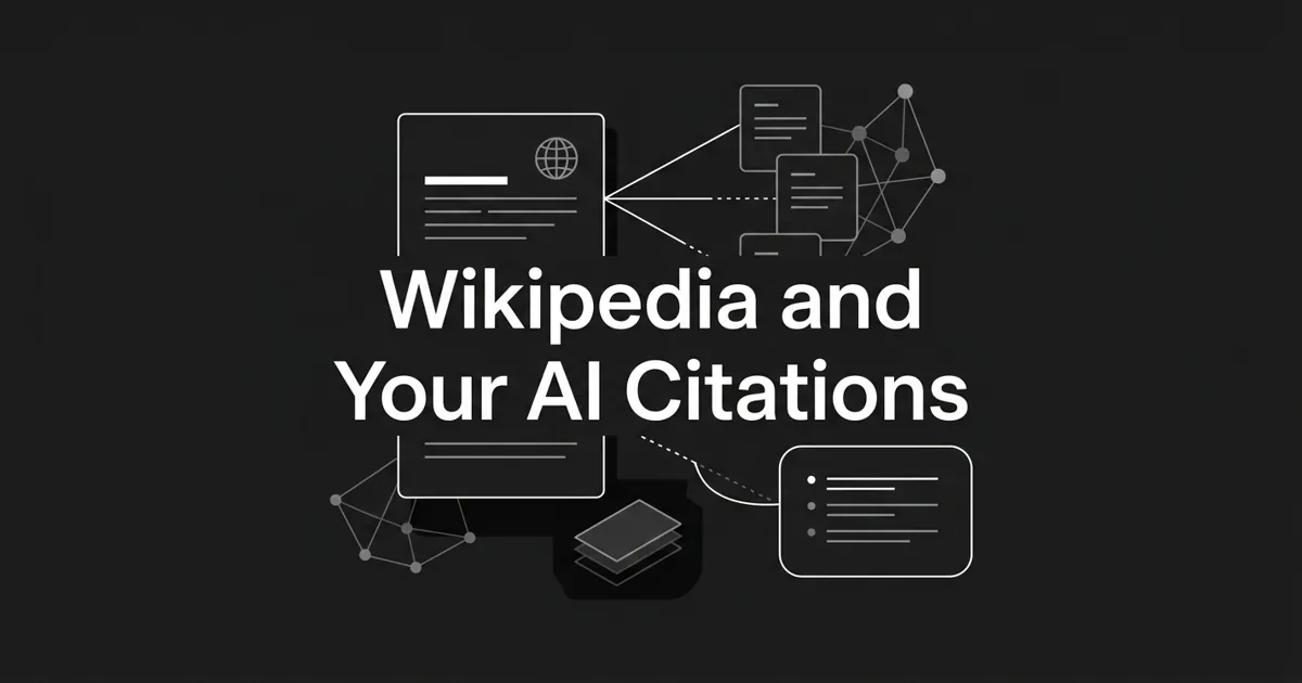 Monochrome illustration of an encyclopedia article card linked by solid and dotted white lines to smaller source cards and an AI answer panel listing citations, under the cover line "Wikipedia and Your AI Citations".