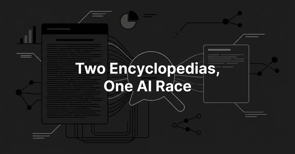 Abstract monochrome illustration of two encyclopedia page cards, one large and dense with text and one smaller and sparser, both connected by lines to a central magnifying-glass search icon, with the text Two Encyclopedias, One AI Race centered on a dark charcoal background.