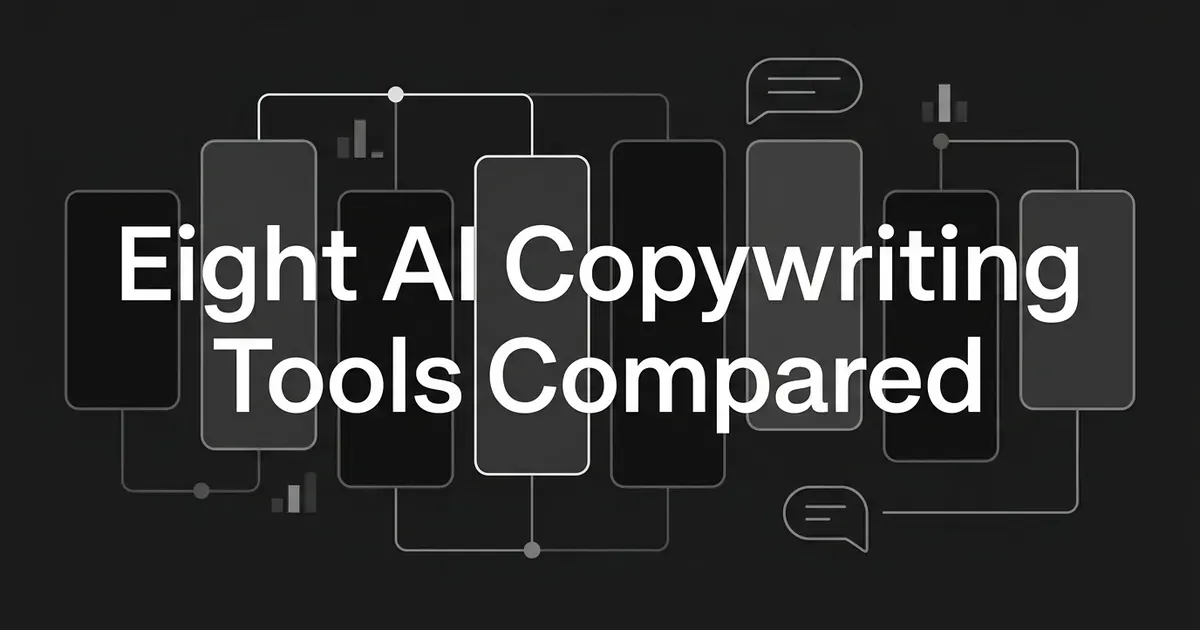 A monochrome cover reading Eight AI Copywriting Tools Compared over a row of eight grey cards, one outlined as the selected pick, linked by thin connector lines with small chart and chat-bubble motifs.