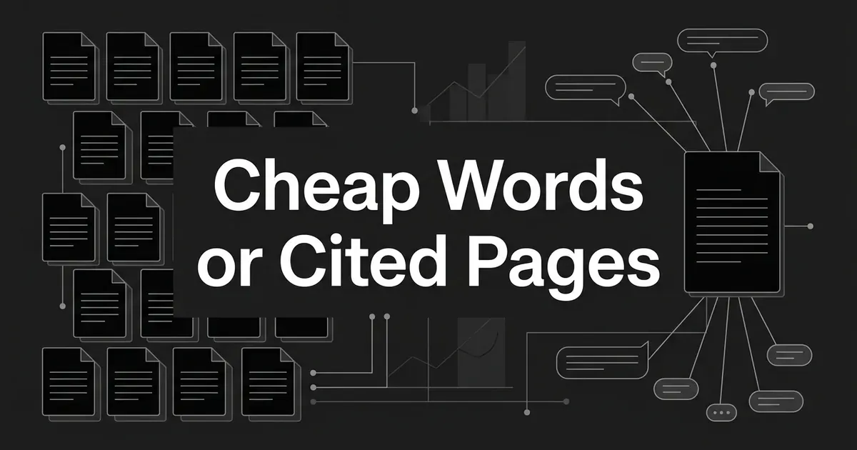A monochrome illustration contrasting a dense grid of identical draft documents on one side with a single document on the other, connected by thin lines to answer bubbles and source chips, under the cover line Cheap Words or Cited Pages.