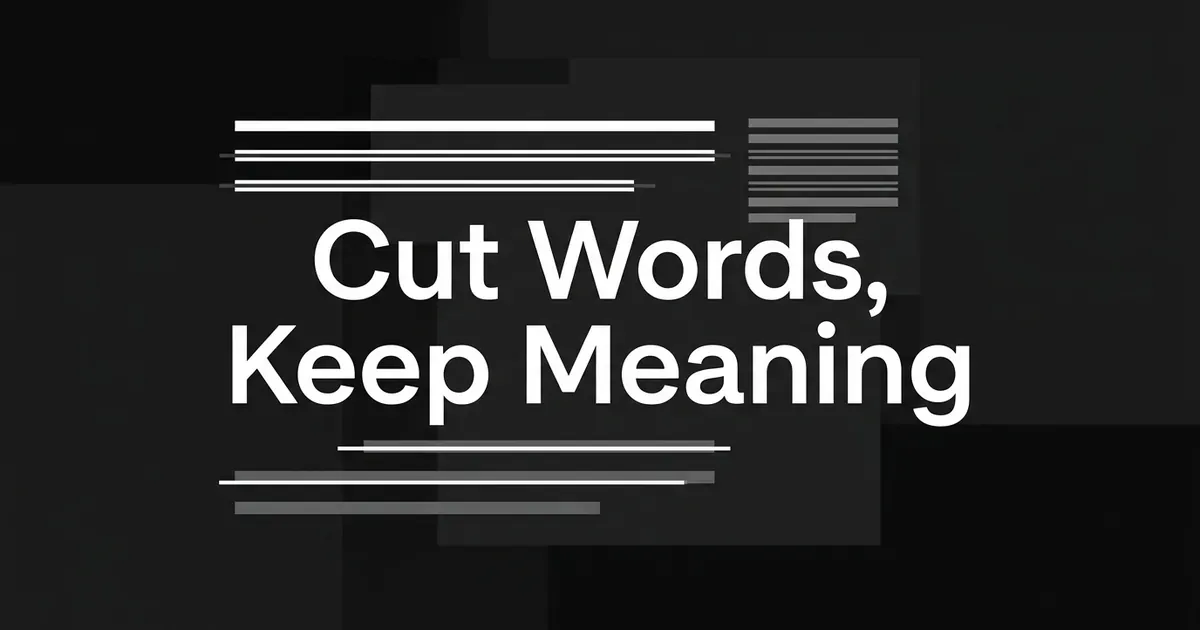 White cover line reading Cut Words, Keep Meaning over gray layered panels with struck-through text lines beside a shorter, tighter set of lines.