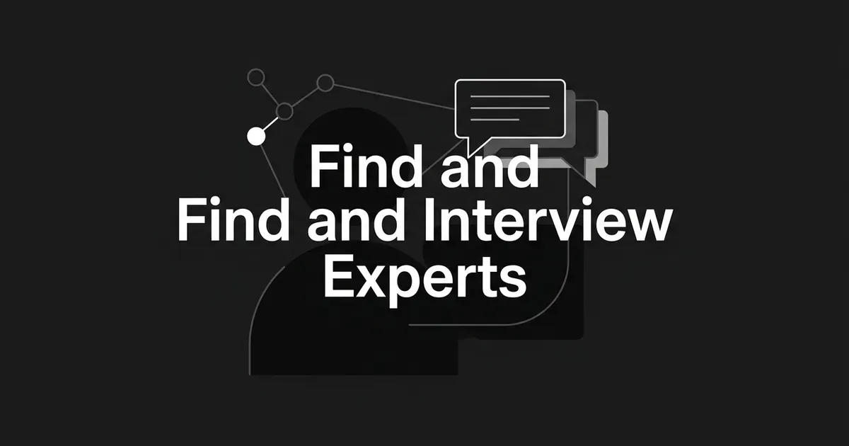 Monochrome illustration of a person silhouette with a speech bubble and a small network of connected nodes on a charcoal background, with a centered cover line about finding and interviewing experts.