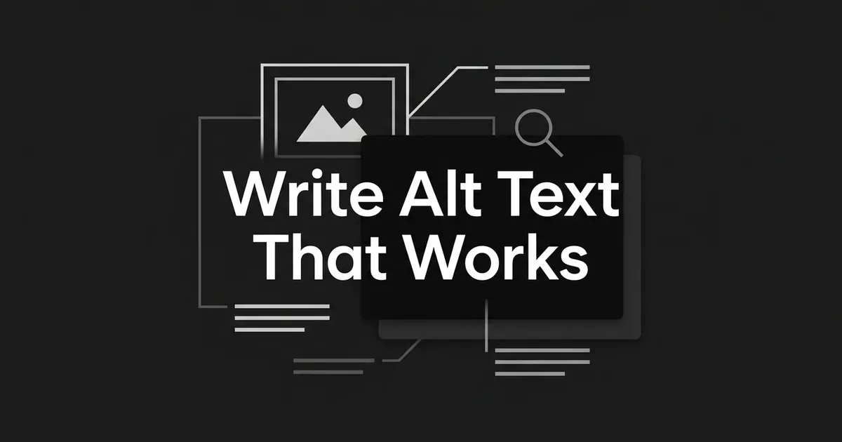 A charcoal cover with white linework of a picture frame holding a mountain-and-sun glyph, a magnifying glass and text-line bars around the words Write Alt Text That Works.