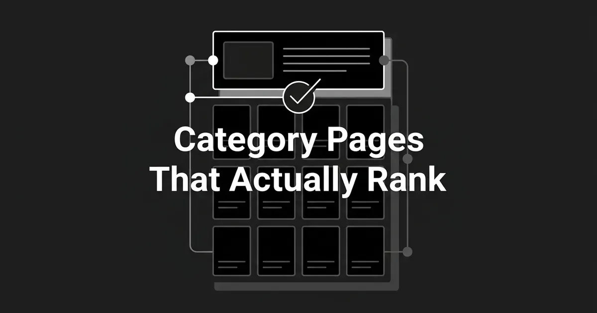 A monochrome illustration of a product or article grid beneath a labeled intro panel with a checkmark, connected by thin lines, with the text Category Pages That Actually Rank centered on a charcoal background.