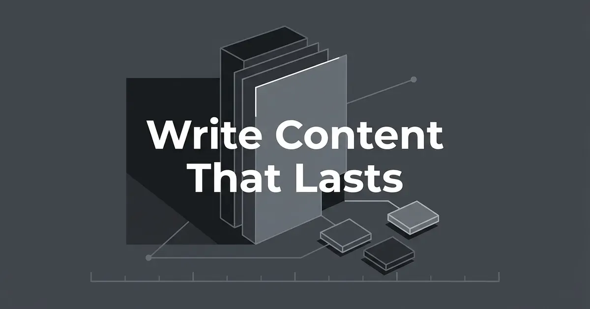 Abstract monochrome illustration of a tall stack of document cards with a few small tiles detached beside it, under the words Write Content That Lasts.