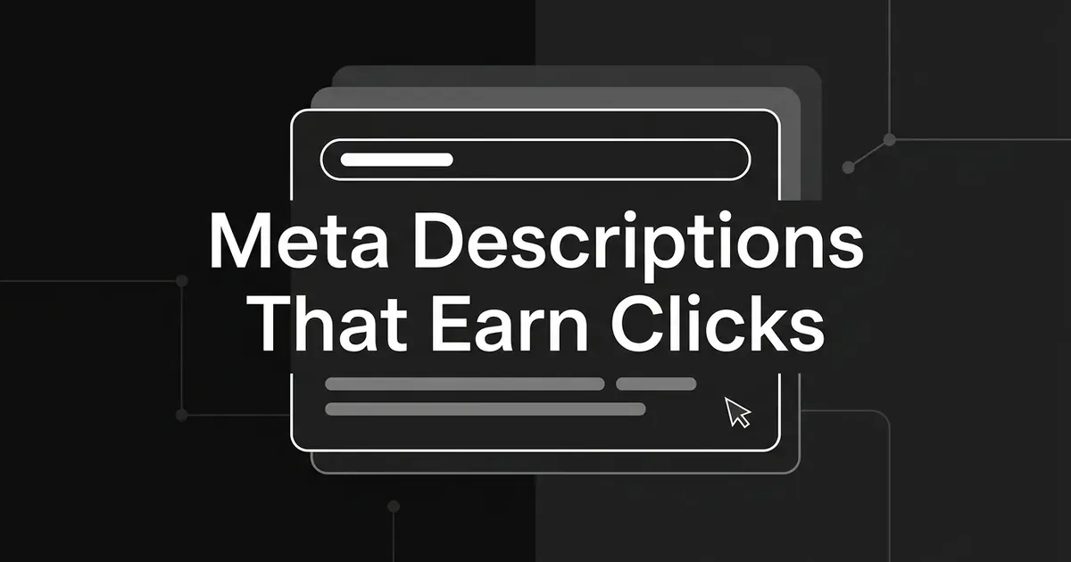 Dark monochrome cover showing a layered search-result card with a cursor arrow and the text Meta Descriptions That Earn Clicks.