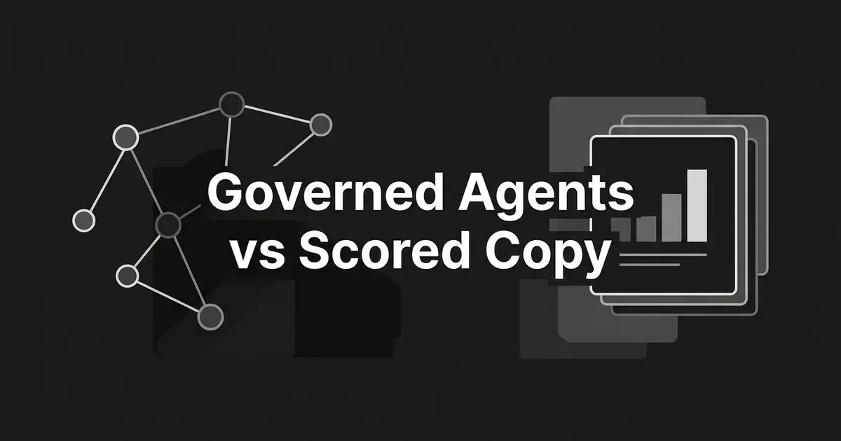 Charcoal cover with a network of linked nodes on the left, a stack of scored copy cards with a bar chart on the right, and the line Governed Agents vs Scored Copy centered in white.