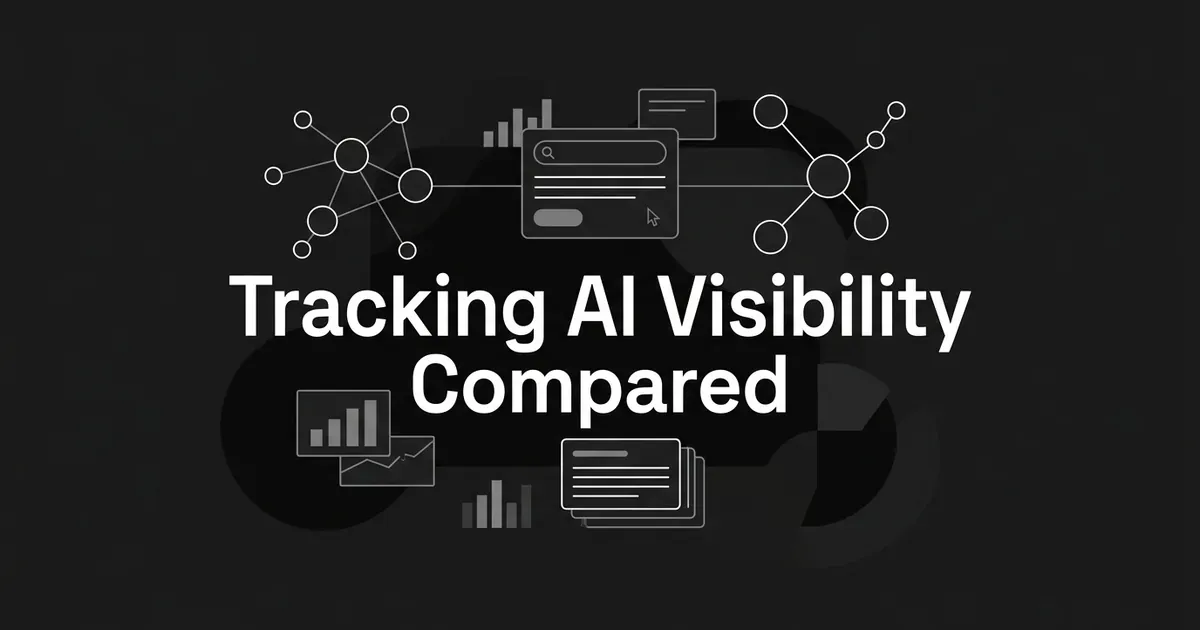 Monochrome cover reading Tracking AI Visibility Compared, with two node clusters linked to a central search-answer card and small chart fragments on a charcoal background.