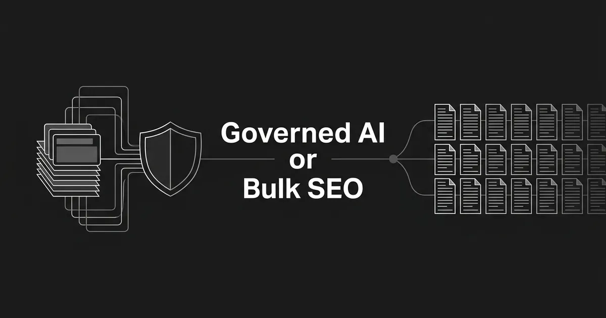 Abstract monochrome illustration of a layered card stack behind a shield on the left and a grid of document pages on the right, with the cover line Governed AI or Bulk SEO in the center.