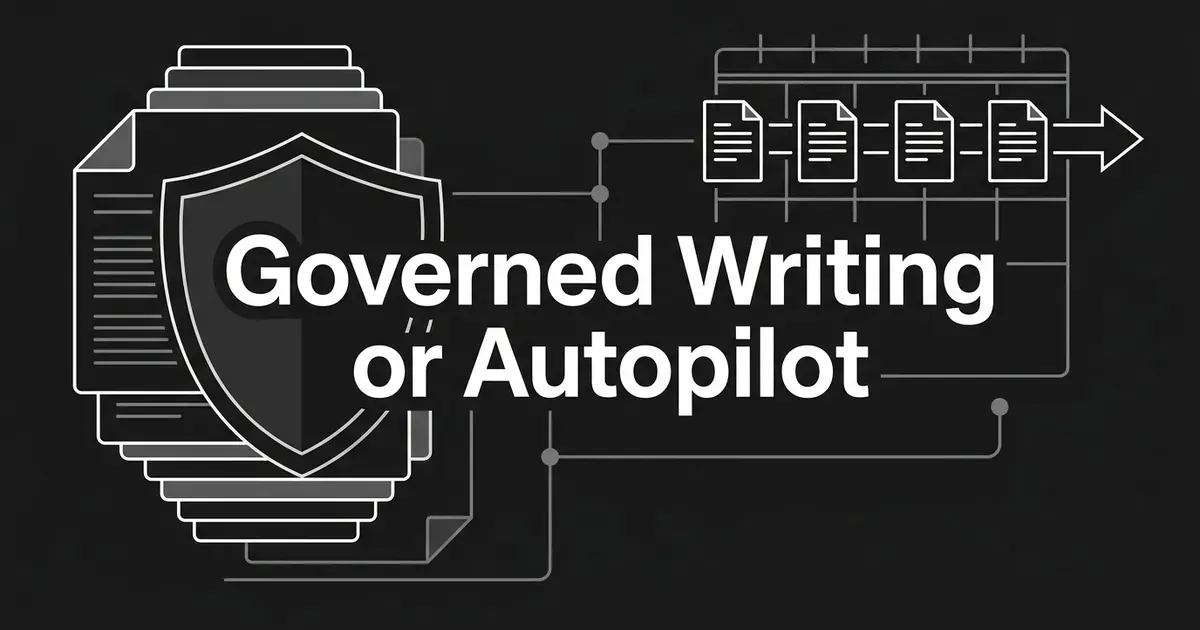 Abstract monochrome illustration of a shield over a stack of document cards beside a calendar of documents moving toward a publish arrow, with the cover line Governed Writing or Autopilot.