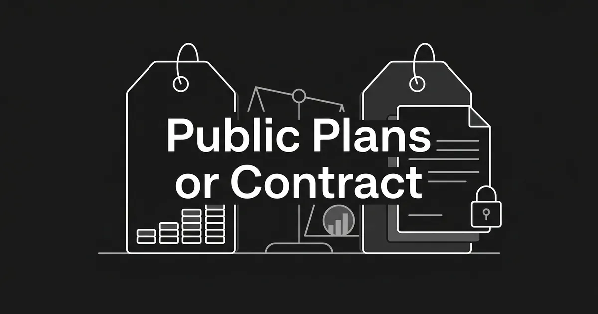 Two abstract price tags side by side, one with rising stacked plan tiers and one sealed behind a locked contract document, with a balance scale between them and the cover line Public Plans or Contract.