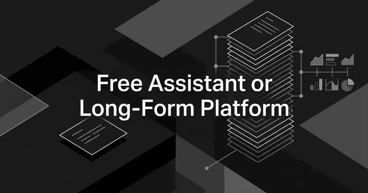 Monochrome illustration of one small document card beside a tall stack of layered pages linked to chart fragments, under the cover line Free Assistant or Long-Form Platform.