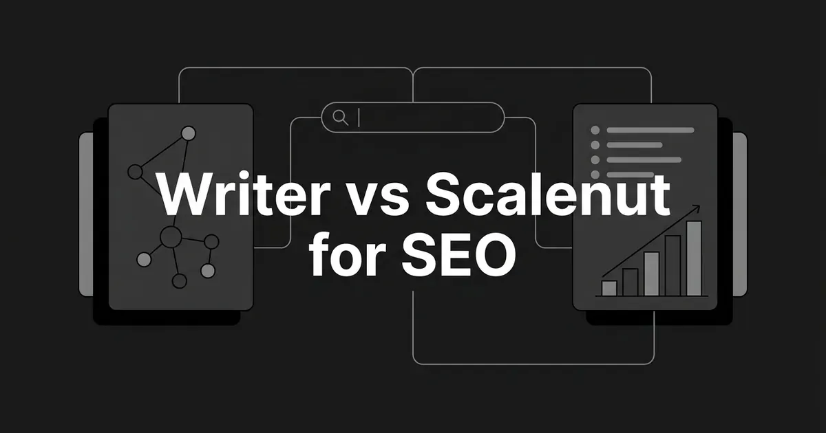 Charcoal monochrome cover with the line Writer vs Scalenut for SEO between a knowledge-graph card and a keyword-list and bar-chart card, joined by a search bar.