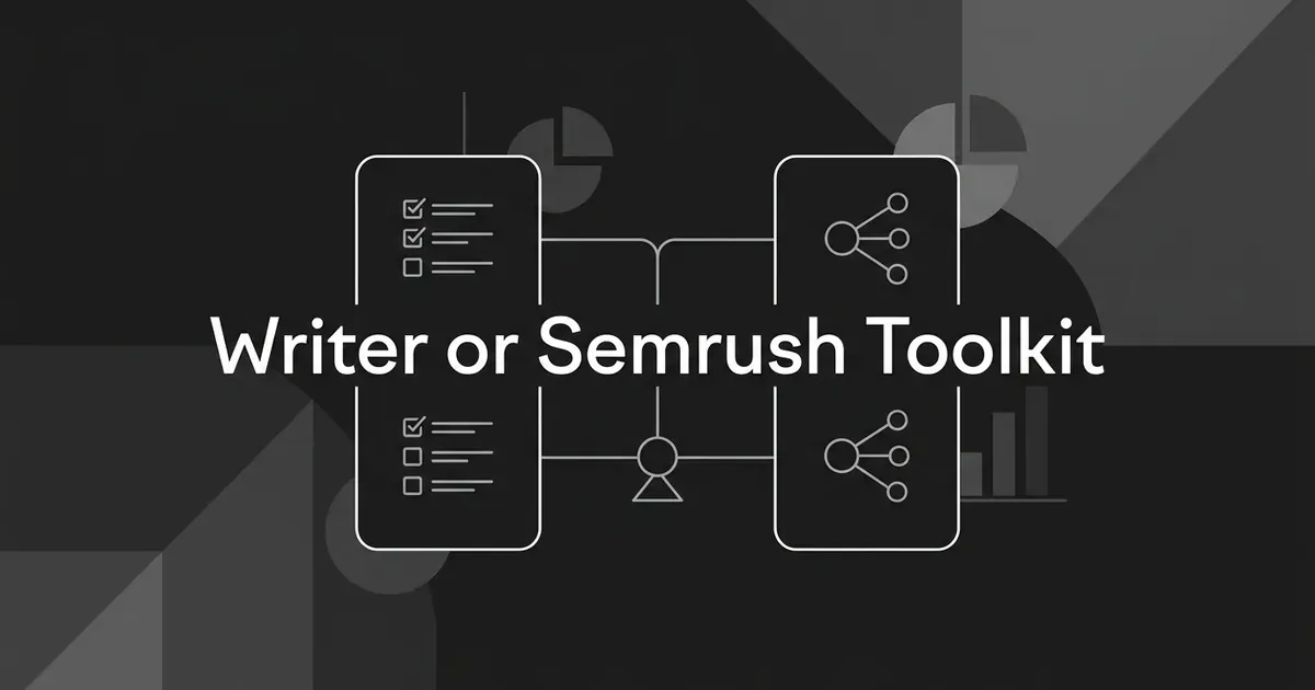 Two rounded cards, one with a checklist and one with a node diagram, linked by thin lines to a central balance beneath the cover line Writer or Semrush Toolkit.