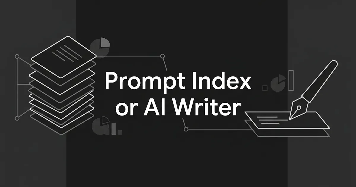 Dark monochrome cover showing a stack of layered index cards on the left and a fountain pen writing on a card on the right, around the line Prompt Index or AI Writer.