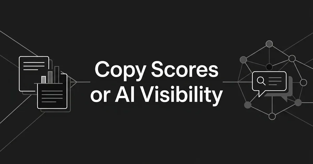 A dark monochrome cover reading Copy Scores or AI Visibility, with layered copy cards and a bar chart on the left and a network of nodes with a search bubble on the right.