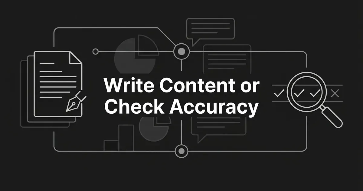 Abstract monochrome illustration of a document with a pen nib on one side and a magnifying glass over check marks on the other, linked by connection lines around the cover line Write Content or Check Accuracy.