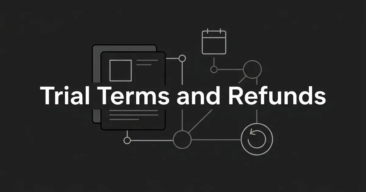 Dark charcoal cover with the white line Trial Terms and Refunds, surrounded by thin gray lines linking a document card, a calendar tile, a central node and a circular return arrow.
