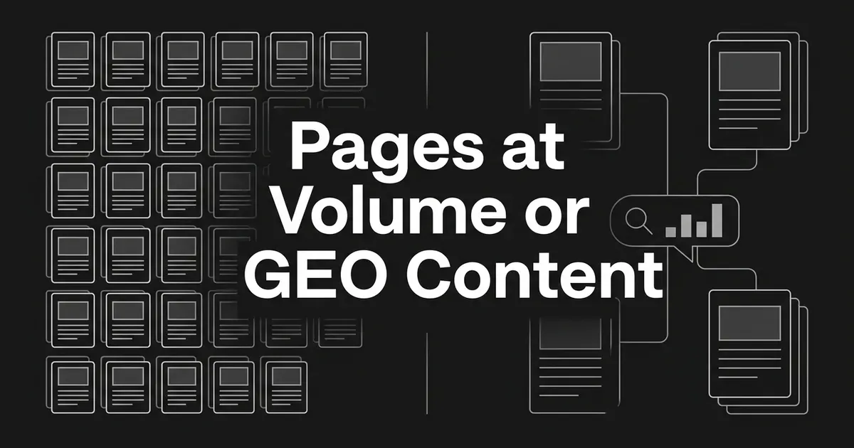 Dark monochrome cover with a grid of many small page cards on the left, a few linked page cards beside a search and bar chart bubble on the right, and the line Pages at Volume or GEO Content.