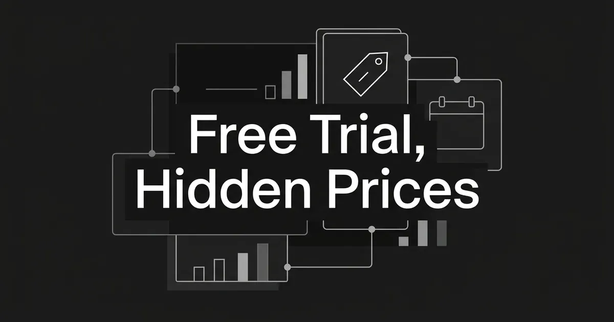 Charcoal cover with the white text Free Trial, Hidden Prices, surrounded by line drawings of a price tag card, a calendar card and small bar charts joined by thin connectors.
