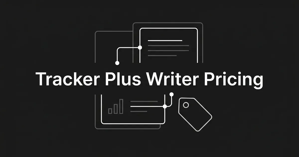 Monochrome illustration of two layered cards, one with a bar chart and one with text lines, linked by a line to a price tag, under the cover line Tracker Plus Writer Pricing.