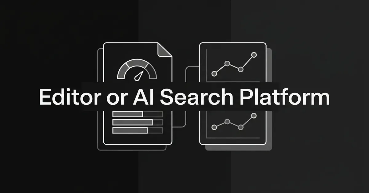 Monochrome cover with the line Editor or AI Search Platform over two linked cards, a content editor with a score gauge and a chart of AI visibility tracking.