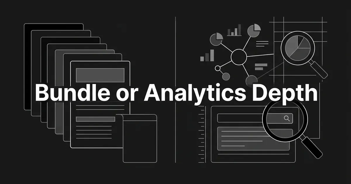 A monochrome illustration splitting the frame between a stack of article pages on the left and a cluster of nodes, charts and magnifiers on the right, under the cover line Bundle or Analytics Depth.