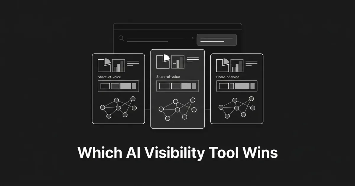 Monochrome abstract illustration of three side-by-side comparison columns built from chart fragments and connected nodes on a charcoal background, with the centered white cover line "Which AI Visibility Tool Wins".