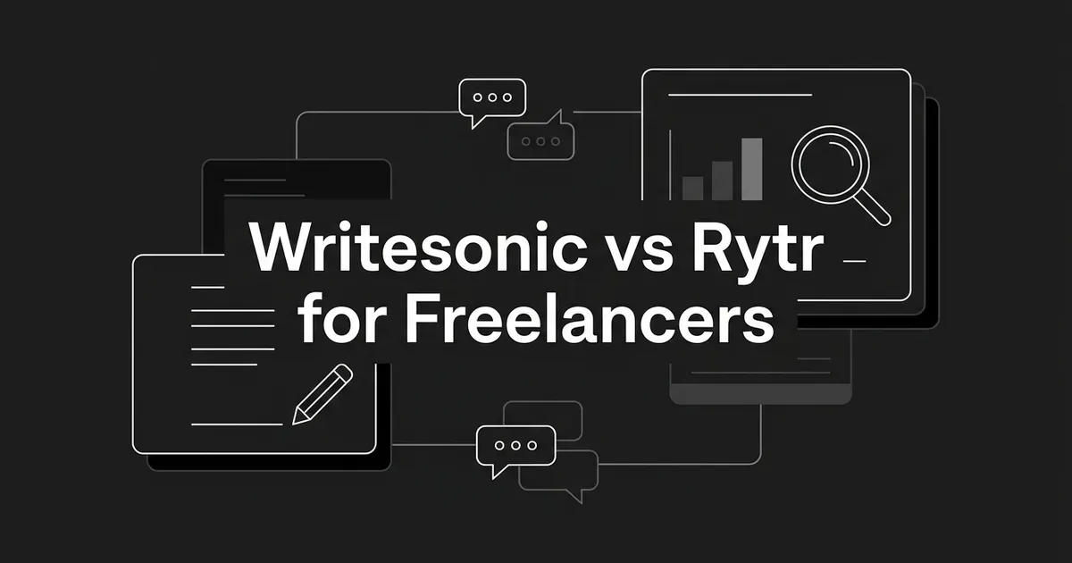 Two layered cards, one with text lines and a pencil and one with a bar chart and magnifier, joined by connection lines and answer bubbles around the cover line Writesonic vs Rytr for Freelancers.