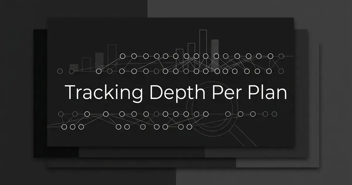 Monochrome cover with the line Tracking Depth Per Plan over rows of connected nodes, bar chart fragments and a magnifier on layered dark cards.