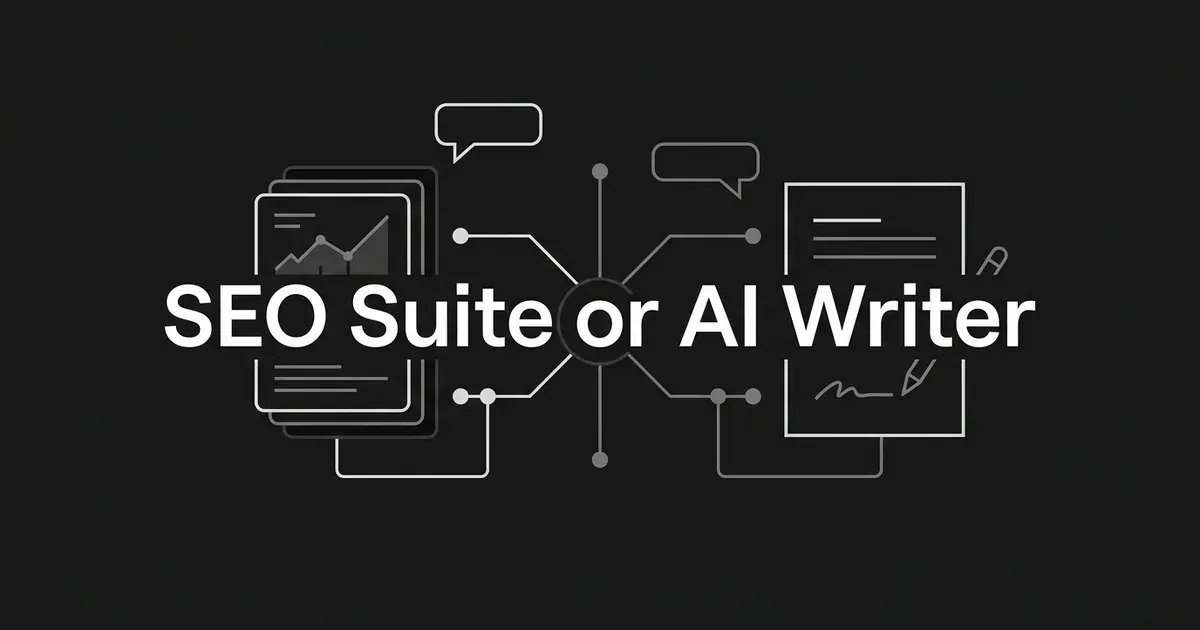 Abstract monochrome diagram of a tracking suite card stack on the left and a writing page with a pen on the right, joined through a central node beneath the words SEO Suite or AI Writer.