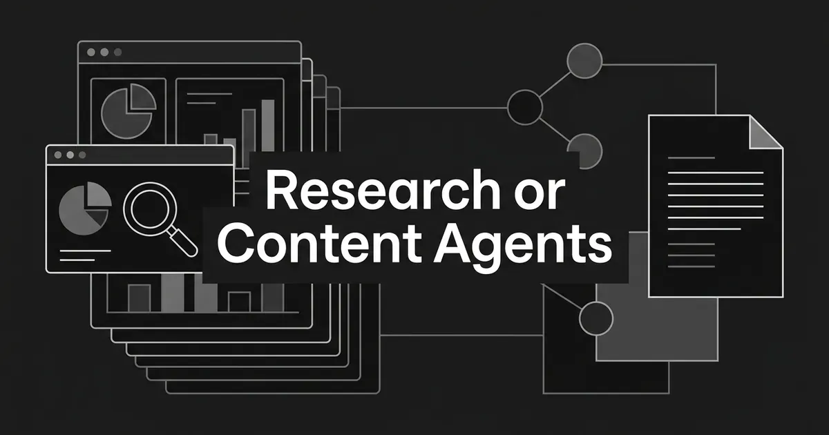 Monochrome illustration of stacked analytics dashboards on the left and a written document on the right, joined by connected nodes around the cover line Research or Content Agents.
