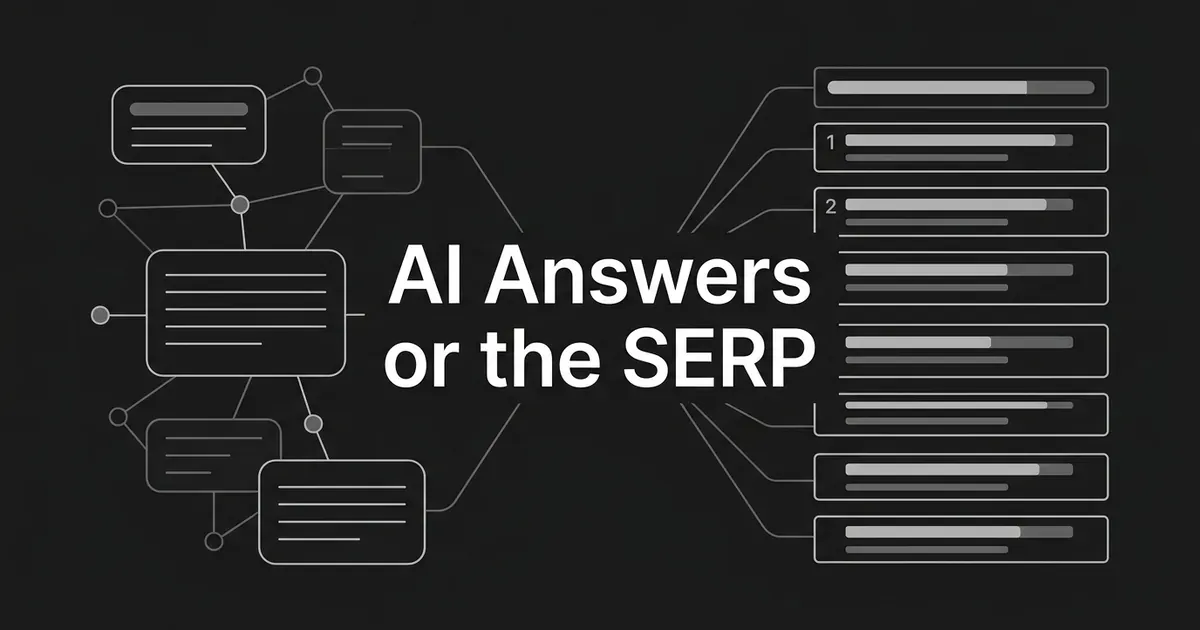 Abstract monochrome cover with a cluster of linked answer cards on the left and a ranked list of search result bars on the right, around the line AI Answers or the SERP.