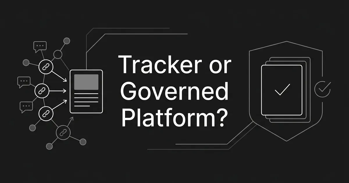 Abstract monochrome cover with a node-and-link cluster pointing at a page card on the left and a shield around layered approved cards on the right, around the text Tracker or Governed Platform?
