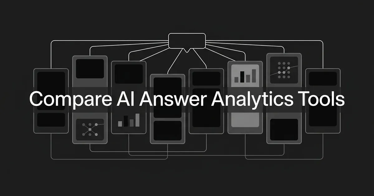 A monochrome illustration showing eight abstract tool cards linked by white connector lines to a single central answer bubble, under the cover line Compare AI Answer Analytics Tools.