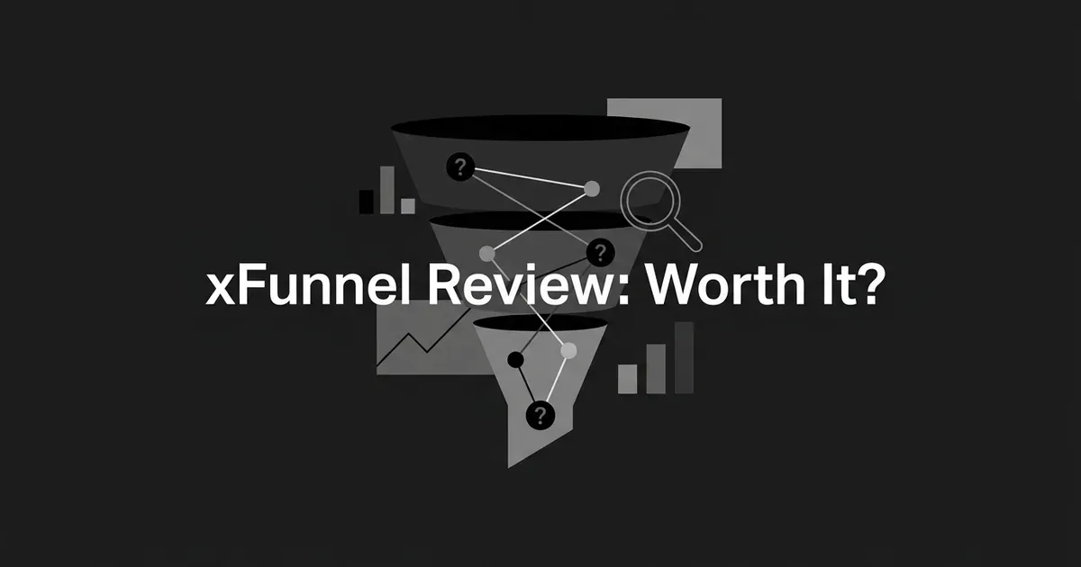 A monochrome funnel narrowing through three stages, each with connected question-mark nodes and a magnifying glass, illustrating the xFunnel review's look at buyer-journey visibility and whether the platform is worth it.