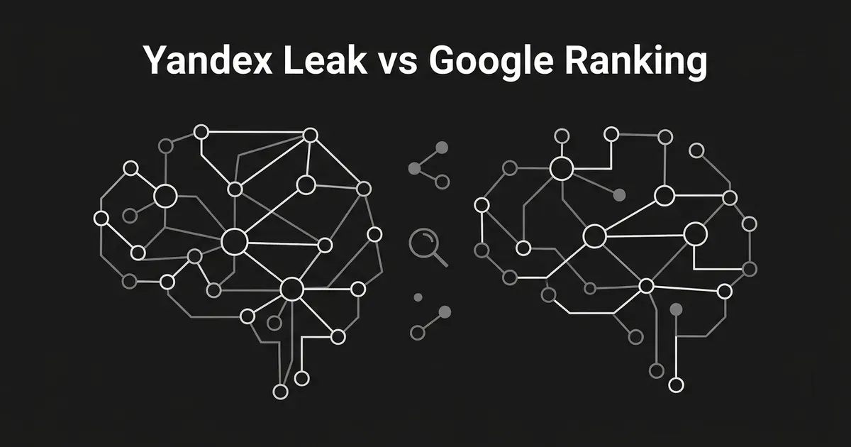Two separate node-and-line network diagrams in white and gray on a dark background, with a small magnifying glass and a few loose connecting dots between them, representing two independently built search ranking systems with only partial overlap.