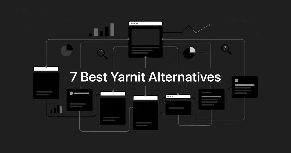 An abstract monochrome diagram of seven connected platform cards with chart and search icons around a central browser window, under the text 7 Best Yarnit Alternatives.