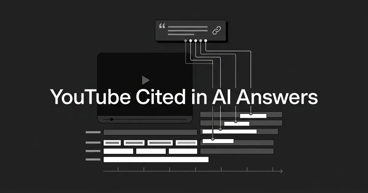 A monochrome abstract cover showing a flat video player frame beside rows of transcript and caption bars on a timeline, with thin white lines carrying those lines up into an answer card marked with a quotation mark and a link glyph, under the centered white cover line reading YouTube Cited in AI Answers.